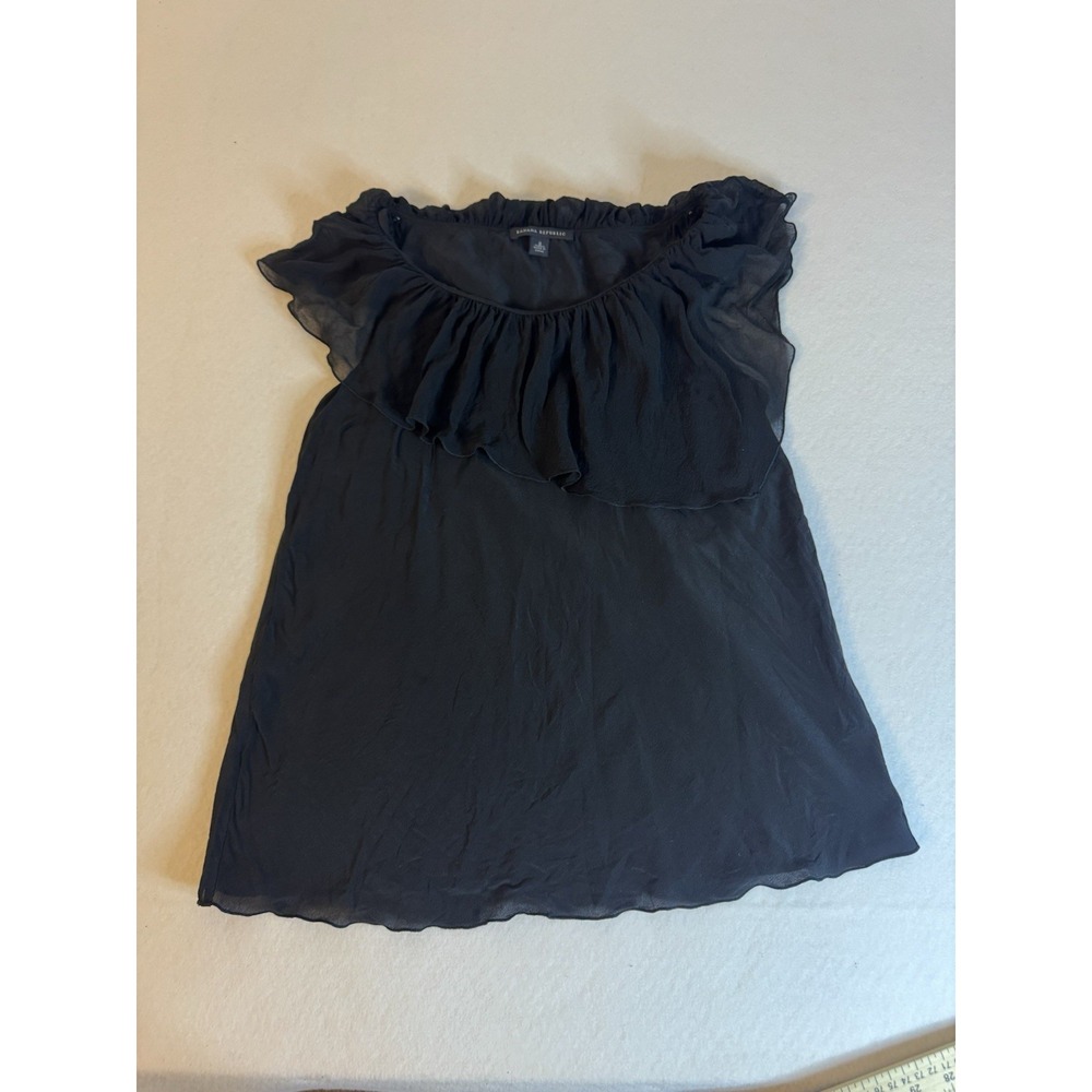 Banana Republic Black 100% Silk Ruffle Neck Flutter Sleeve Blouse Small